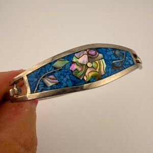 Taxco Mexican Blue and Silver‎ Inlay Cuff Bracelet